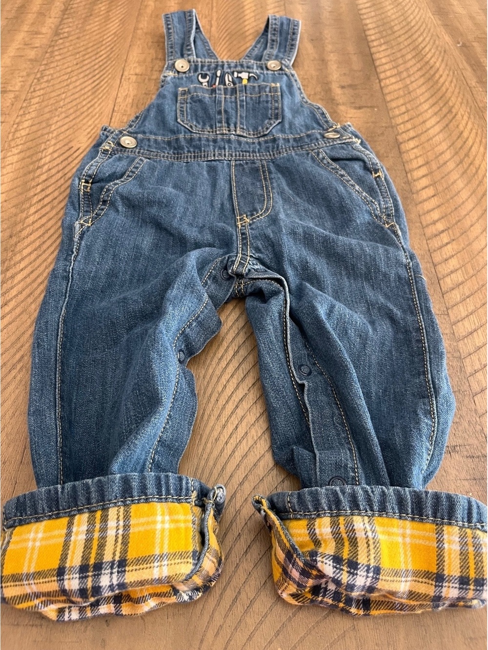 VTG 90s The Children's Place Denim Overalls Plaid Flannel Lined Tool 12-18 mos